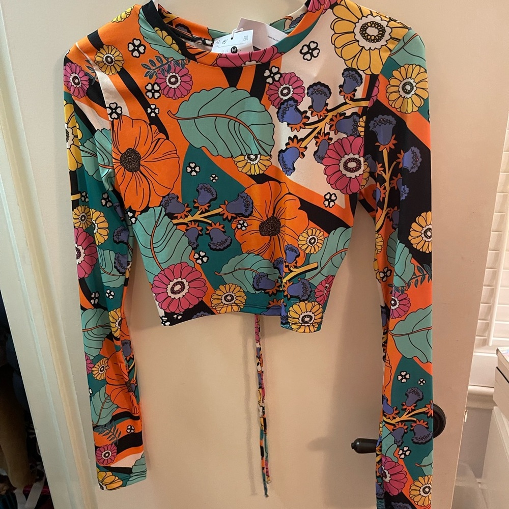 Bershka printed top with tie back